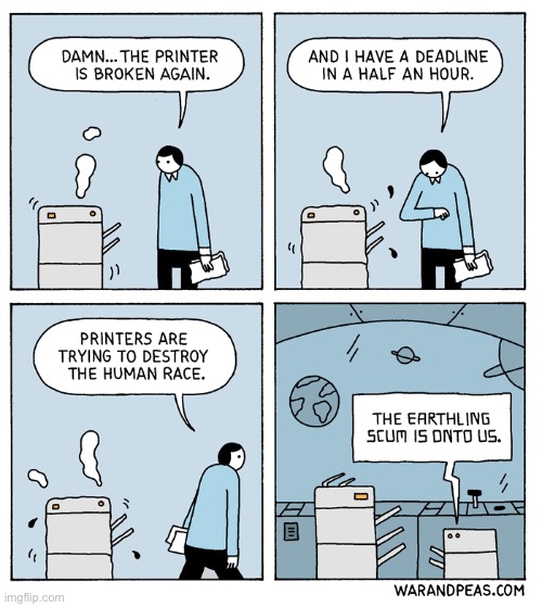 image tagged in comics,office,printer,aliens | made w/ Imgflip meme maker