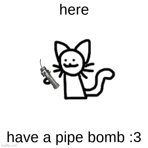 Pipe bomb :3 | here; have a pipe bomb :3 | image tagged in pipe bomb 3 | made w/ Imgflip meme maker