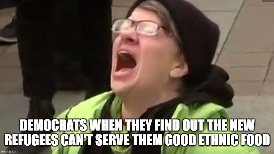 Triggered leftist | DEMOCRATS WHEN THEY FIND OUT THE NEW REFUGEES CAN'T SERVE THEM GOOD ETHNIC FOOD | image tagged in triggered leftist | made w/ Imgflip meme maker