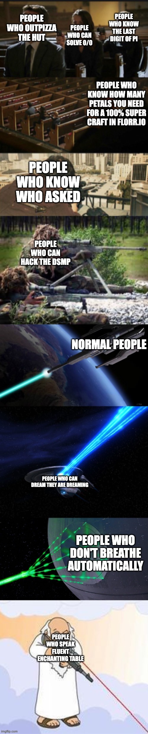 True, right? | PEOPLE WHO KNOW THE LAST DIGIT OF PI; PEOPLE WHO CAN SOLVE 0/0; PEOPLE WHO OUTPIZZA THE HUT; PEOPLE WHO KNOW HOW MANY PETALS YOU NEED FOR A 100% SUPER CRAFT IN FLORR.IO; PEOPLE WHO KNOW WHO ASKED; PEOPLE WHO CAN HACK THE DSMP; NORMAL PEOPLE; PEOPLE WHO CAN DREAM THEY ARE DREAMING; PEOPLE WHO DON'T BREATHE AUTOMATICALLY; PEOPLE WHO SPEAK FLUENT ENCHANTING TABLE | image tagged in assassination chain with too many assassins | made w/ Imgflip meme maker