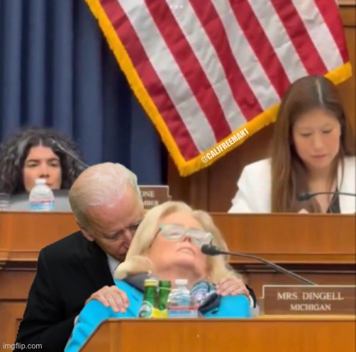 Biden sneaking a sniff on a sleeping congresswoman— Mrs. Dingell | @CALJFREEMAN1 | image tagged in joe biden,creepy joe biden,sniff,kamala harris,president trump,maga | made w/ Imgflip meme maker
