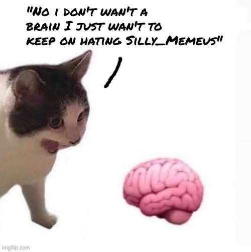Cat Yelling at Brain | "No i don't wan't a brain I just wan't to keep on hating Silly_Memeus" | image tagged in cat yelling at brain | made w/ Imgflip meme maker
