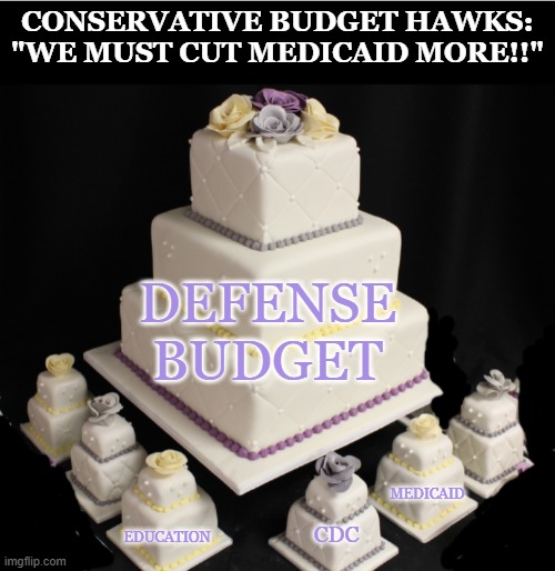 Maybe should be a Star Destroyer with TIE escort? | CONSERVATIVE BUDGET HAWKS:
"WE MUST CUT MEDICAID MORE!!"; DEFENSE
BUDGET; MEDICAID; EDUCATION; CDC | image tagged in big cake with small cakes,budget,hypocrisy,republican,money,healthcare | made w/ Imgflip meme maker