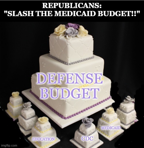 If a balanced budget were really what they cared about . . . | REPUBLICANS:
"SLASH THE MEDICAID BUDGET!!"; DEFENSE
BUDGET; MEDICAID; EDUCATION; CDC | image tagged in big cake with small cakes,hypocrisy,healthcare,idiocracy,republicans,cruel | made w/ Imgflip meme maker