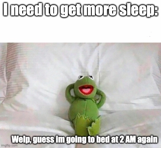 Kermit laying in bed | I need to get more sleep:; Welp, guess im going to bed at 2 AM again | image tagged in kermit laying in bed | made w/ Imgflip meme maker