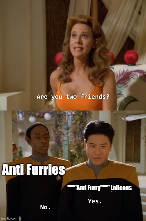 Anti furries are supposed to be against pedos: | Anti Furries; """"Anti Furry"""" Lolicons | image tagged in are you two friends,anti furry | made w/ Imgflip meme maker