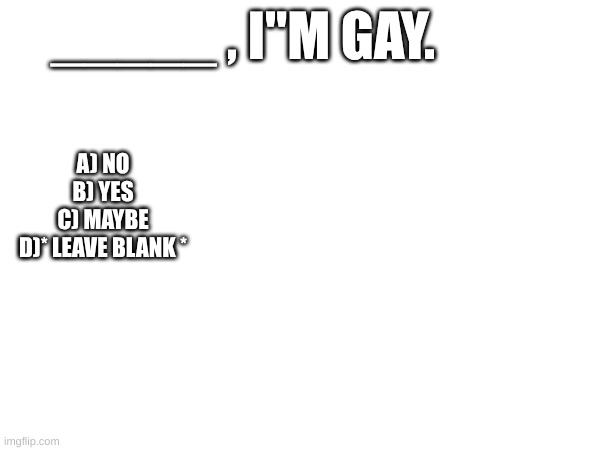 relatable memes | _____ , I"M GAY. A) NO
B) YES
C) MAYBE
D)* LEAVE BLANK * | image tagged in boy memes | made w/ Imgflip meme maker