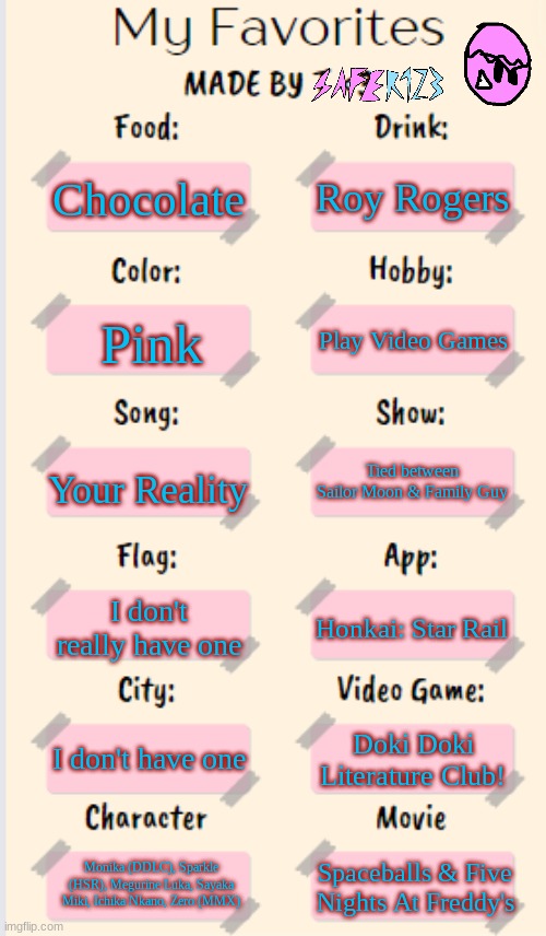 My favorite things by SAFer123 | Roy Rogers; Chocolate; Play Video Games; Pink; Your Reality; Tied between Sailor Moon & Family Guy; I don't really have one; Honkai: Star Rail; I don't have one; Doki Doki Literature Club! Monika (DDLC), Sparkle (HSR), Megurine Luka, Sayaka Miki, Ichika Nkano, Zero (MMX); Spaceballs & Five Nights At Freddy's | image tagged in honkai star rail,sailor moon,doki doki literature club,family guy,puella magi madoka magica,five nights at freddy's | made w/ Imgflip meme maker