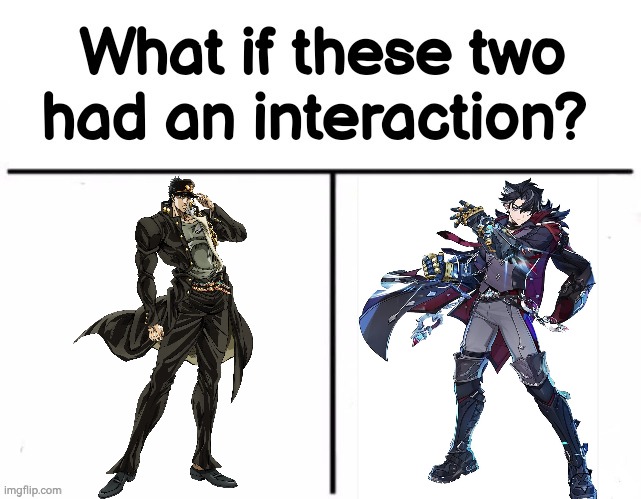 Jotaro and Wriothesley. Both using fists. Both says "Ora! Ora!". And both are voices by Japanese voice actor Daisuke Ono. | image tagged in what if these two had an interaction,jojo,genshin impact,same voice actor | made w/ Imgflip meme maker