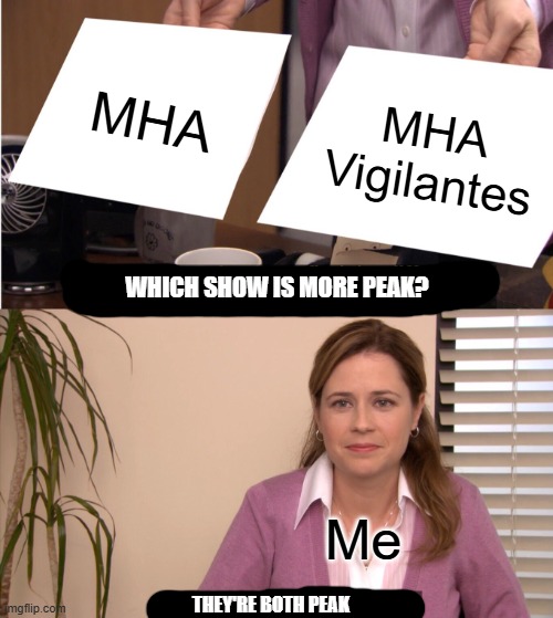 Yes... | MHA; MHA Vigilantes; WHICH SHOW IS MORE PEAK? Me; THEY'RE BOTH PEAK | image tagged in memes,they're the same picture,mha,my hero academia,vigilantes | made w/ Imgflip meme maker