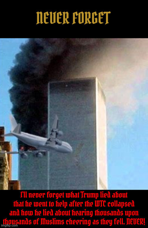 NEVER FORGET | NEVER FORGET; I'll never forget what Trump lied about that he went to help after the WTC collapsed and how he lied about hearing thousands upon thousands of Muslims cheering as they fell. NEVER! | image tagged in never forget,muslim ban over,trump lied,traitor,trerrorists are welcome | made w/ Imgflip meme maker