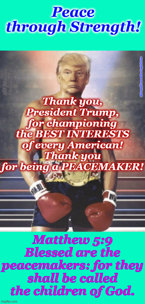 Peace Through Strength! | Thank you, President Trump, for championing the BEST INTERESTS of every American!
Thank you for being a PEACEMAKER! Peace through Strength! 5D Master
Strategist! @SongofGrace @OneJoyfulNoise; Matthew 5:9
Blessed are the peacemakers: for they shall be called the children of God. | image tagged in peace through strength | made w/ Imgflip meme maker