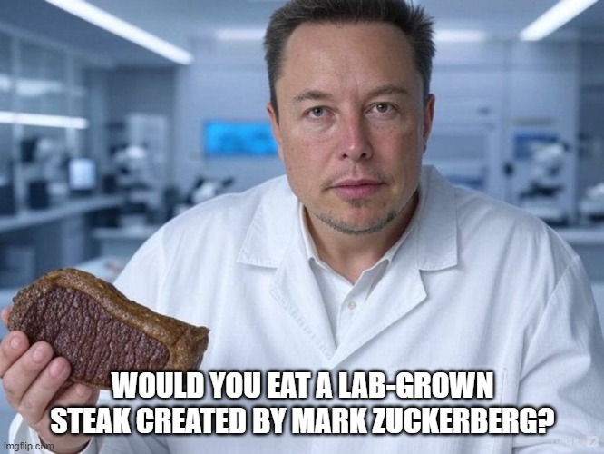 Would you eat a lab grown steak created by Mark Zuckerberg? | WOULD YOU EAT A LAB-GROWN STEAK CREATED BY MARK ZUCKERBERG? | image tagged in beef,where's the beef,elon musk | made w/ Imgflip meme maker
