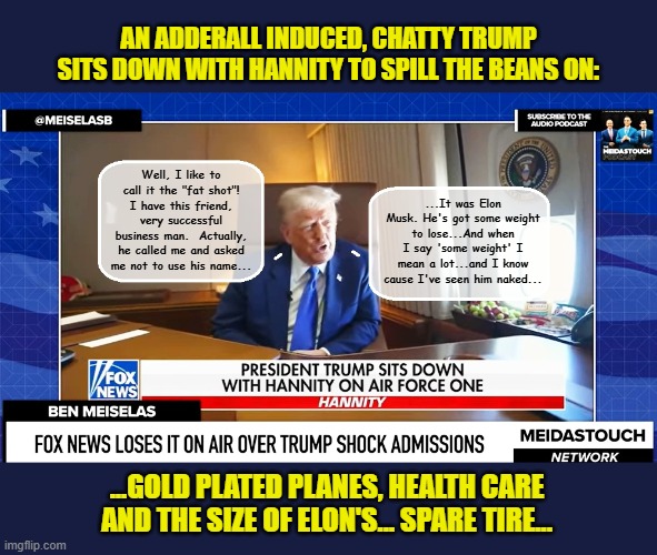 When you are 'leader of the free world' and you can't keep  your mouth shut... | AN ADDERALL INDUCED, CHATTY TRUMP SITS DOWN WITH HANNITY TO SPILL THE BEANS ON:; Well, I like to call it the "fat shot"! I have this friend, very successful business man.  Actually, he called me and asked me not to use his name... ...It was Elon Musk. He's got some weight to lose...And when I say 'some weight' I mean a lot...and I know cause I've seen him naked... ...GOLD PLATED PLANES, HEALTH CARE AND THE SIZE OF ELON'S... SPARE TIRE... | image tagged in impeach trump,donald trump memes,government corruption,trump is a moron,elon musk | made w/ Imgflip meme maker