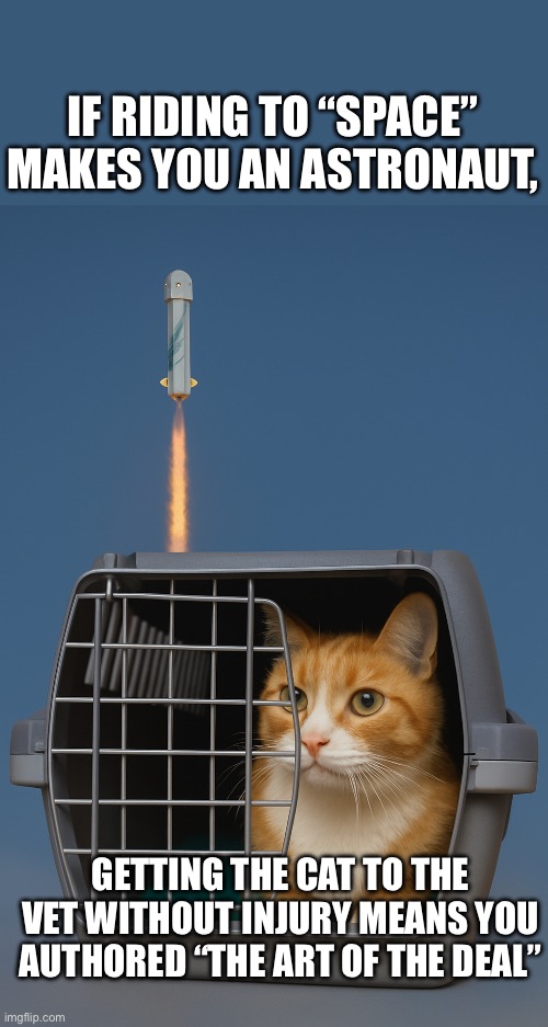 Astronaut Cat | IF RIDING TO “SPACE” MAKES YOU AN ASTRONAUT, GETTING THE CAT TO THE VET WITHOUT INJURY MEANS YOU AUTHORED “THE ART OF THE DEAL” | image tagged in astronaut cat | made w/ Imgflip meme maker