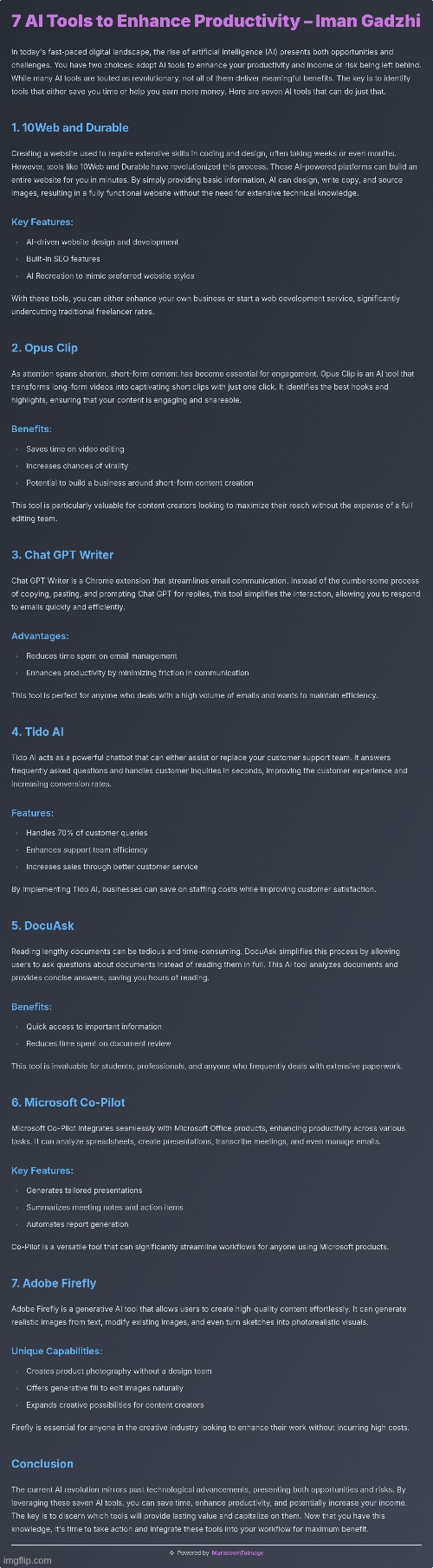 Iman Gadzhi - 7 A.I. Tools To Enhance Productivity :> | image tagged in simothefinlandized,iman gadzhi,infographics,artificial intelligence,tutorial,productivity | made w/ Imgflip meme maker
