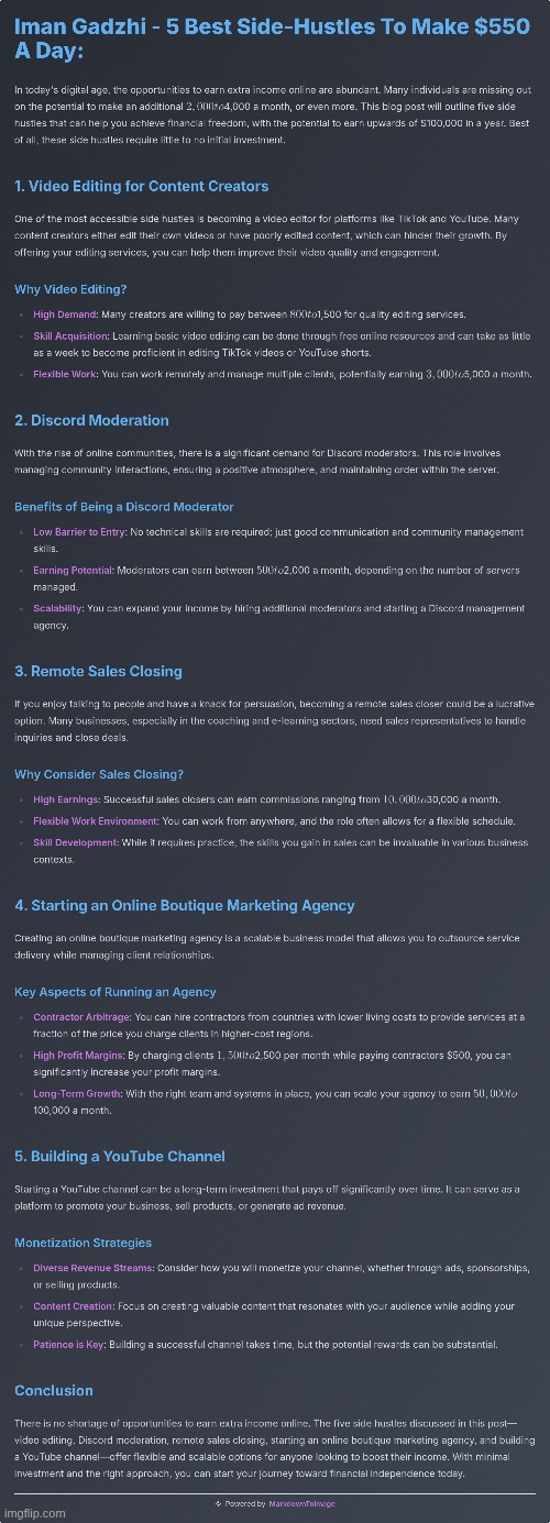 Iman Gadzhi - 5 Best Side-Hustles To Make $550 A Day :> | image tagged in simothefinlandized,iman gadzhi,side hustles,infographic,tutorial | made w/ Imgflip meme maker