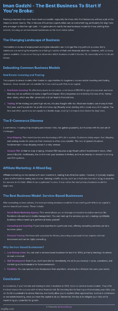 Iman Gadzhi - The Best Business To Start If You're Broke :> | image tagged in simothefinlandized,iman gadzhi,infographics,business,tutorial | made w/ Imgflip meme maker
