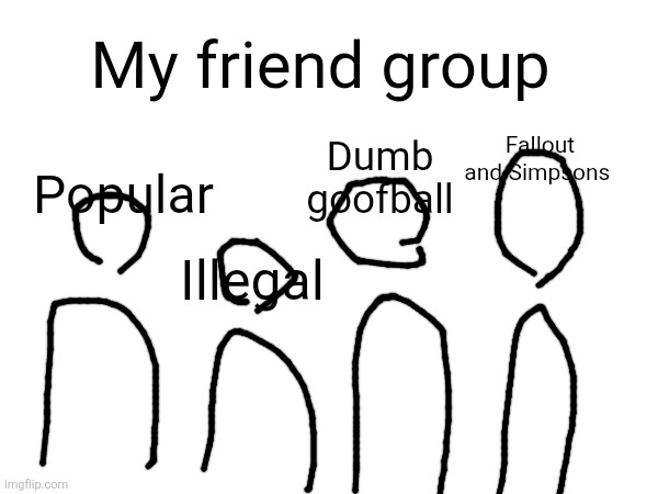 My friend group; Fallout and Simpsons; Dumb goofball; Popular; Illegal | made w/ Imgflip meme maker