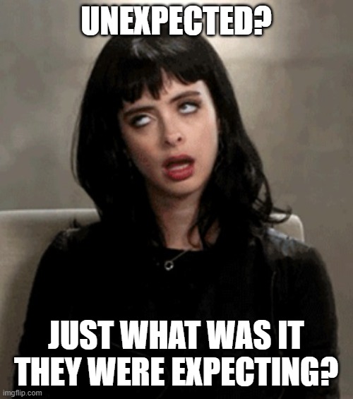 eye roll | UNEXPECTED? JUST WHAT WAS IT THEY WERE EXPECTING? | image tagged in eye roll | made w/ Imgflip meme maker