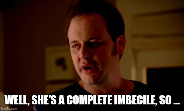 Jake from state farm | WELL, SHE'S A COMPLETE IMBECILE, SO ... | image tagged in jake from state farm | made w/ Imgflip meme maker