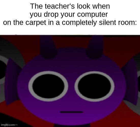 Durple Stare at you (without text) | The teacher's look when you drop your computer 
on the carpet in a completely silent room: | image tagged in durple stare at you without text | made w/ Imgflip meme maker