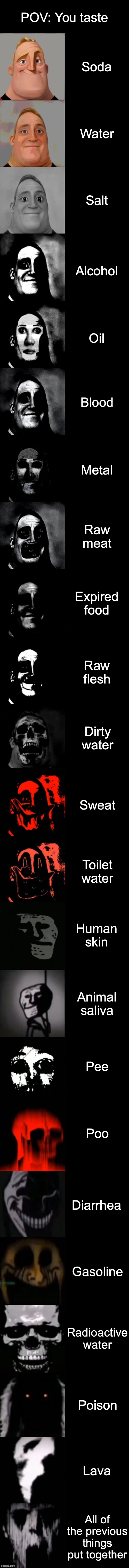POV: You smell | POV: You taste; Soda; Water; Salt; Alcohol; Oil; Blood; Metal; Raw meat; Expired food; Raw flesh; Dirty water; Sweat; Toilet water; Human skin; Animal saliva; Pee; Poo; Diarrhea; Gasoline; Radioactive water; Poison; Lava; All of the previous things put together | image tagged in mr incredible becoming uncanny extended hd | made w/ Imgflip meme maker