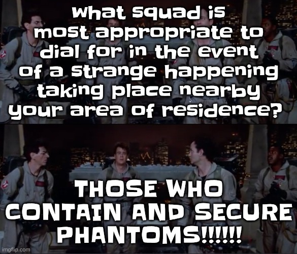 bro. | what squad is most appropriate to dial for in the event of a strange happening taking place nearby your area of residence? THOSE WHO CONTAIN AND SECURE PHANTOMS!!!!!! | image tagged in bro | made w/ Imgflip meme maker