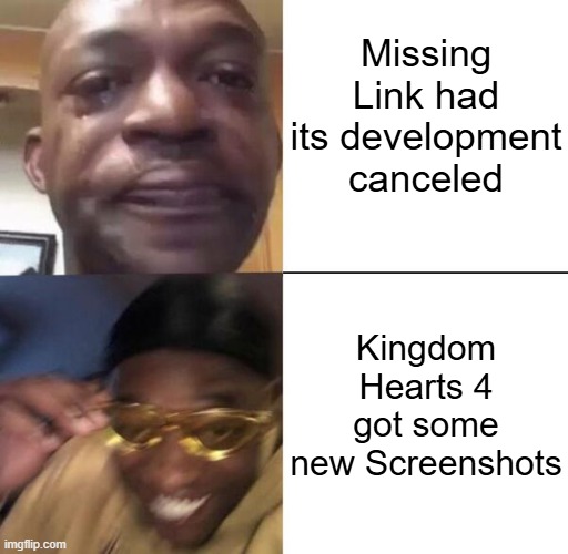 All of this happened in a day. | Missing Link had its development canceled; Kingdom Hearts 4 got some new Screenshots | image tagged in yellow glass guy,gaming,kingdom hearts | made w/ Imgflip meme maker