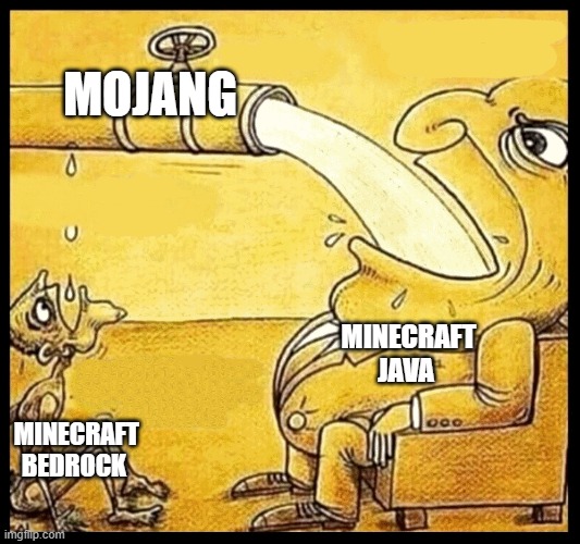 fat guy drinking water | MOJANG; MINECRAFT JAVA; MINECRAFT BEDROCK | image tagged in fat guy drinking water | made w/ Imgflip meme maker