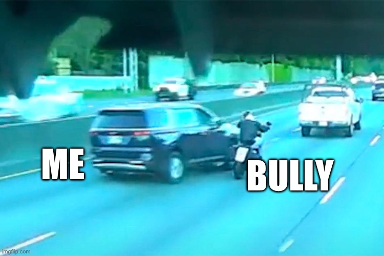 Car Crash Memes & More | ME; BULLY | image tagged in minivan hits motorcycle,memes,cars,motorcycles | made w/ Imgflip meme maker