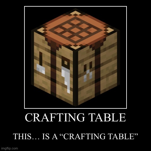 This is a crafting table | CRAFTING TABLE | THIS… IS A “CRAFTING TABLE” | image tagged in demotivationals,minecraft movie | made w/ Imgflip demotivational maker