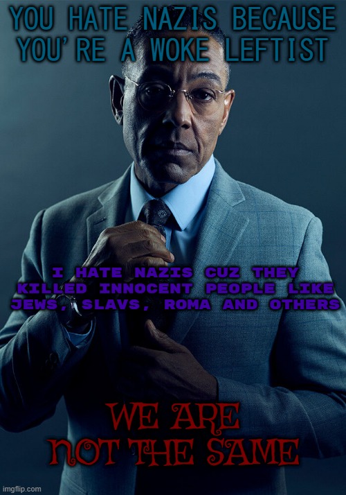 Gus Fring we are not the same | YOU HATE NAZIS BECAUSE YOU'RE A WOKE LEFTIST; I HATE NAZIS CUZ THEY KILLED INNOCENT PEOPLE LIKE JEWS, SLAVS, ROMA AND OTHERS; WE ARE NOT THE SAME | image tagged in gus fring we are not the same | made w/ Imgflip meme maker