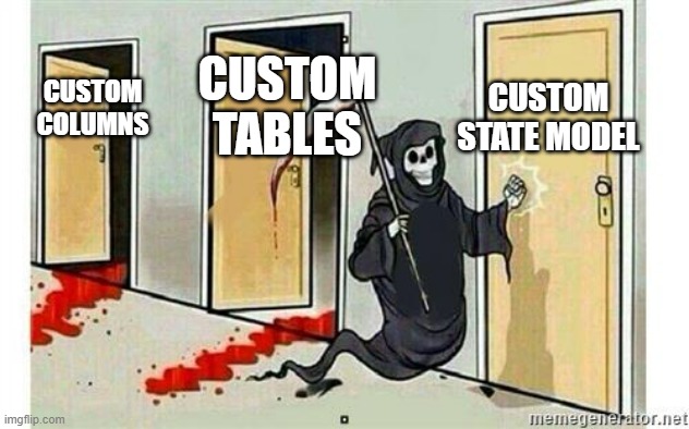 Cleaning the ServiceNow platform | CUSTOM STATE MODEL; CUSTOM TABLES; CUSTOM COLUMNS | image tagged in grim reaper knocking door | made w/ Imgflip meme maker