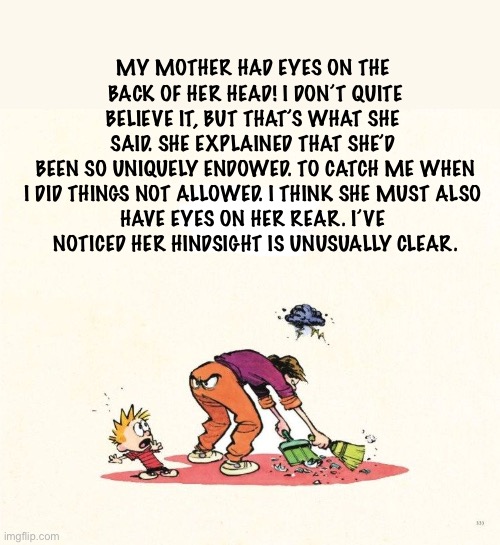 Moms are magical that way… | MY MOTHER HAD EYES ON THE 
BACK OF HER HEAD! I DON’T QUITE BELIEVE IT, BUT THAT’S WHAT SHE 
SAID. SHE EXPLAINED THAT SHE’D 
BEEN SO UNIQUELY ENDOWED. TO CATCH ME WHEN I DID THINGS NOT ALLOWED. I THINK SHE MUST ALSO 
HAVE EYES ON HER REAR. I’VE 
NOTICED HER HINDSIGHT IS UNUSUALLY CLEAR. | image tagged in calvin and hobbes,mom,eyes in the back of her head,hindsight | made w/ Imgflip meme maker