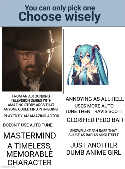 you can pick only one choose wisely | FROM AN ASTOUNDING TELEVISION SERIES WITH AMAZING STORY ARCS THAT ANYONE COULD FIND INTRIGUING; USES MORE AUTO TUNE THEN TRAVIS SCOTT; ANNOYING AS ALL HELL; PLAYED BY AN AMAZING ACTOR; GLORIFIED PEDO BAIT; DOESN'T USE AUTO TUNE; SNOWFLAKE FAN BASE THAT IS JUST AS BAD AS MIKU ITSELF; MASTERMIND; JUST ANOTHER DUMB ANIME GIRL; A TIMELESS, MEMORABLE CHARACTER | image tagged in you can pick only one choose wisely | made w/ Imgflip meme maker