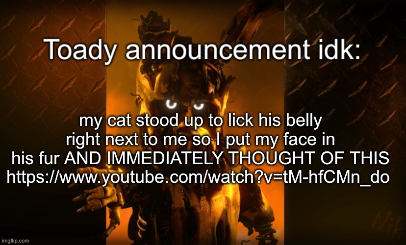 Toady announcement | my cat stood up to lick his belly right next to me so I put my face in his fur AND IMMEDIATELY THOUGHT OF THIS
https://www.youtube.com/watch?v=tM-hfCMn_do | image tagged in toady announcement | made w/ Imgflip meme maker