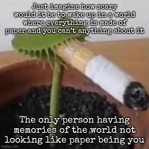 plant weeds | Just imagine how scary would it be to wake up in a world where everything is made of paper and you can’t anything about it; The only person having memories of the world not looking like paper being you | image tagged in plant weeds,msmg | made w/ Imgflip meme maker