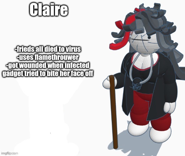 beanoid virus au (satire) | Claire; -frieds all died to virus
-uses flamethrouwer
-got wounded when infected gadget tried to bite her face off | made w/ Imgflip meme maker