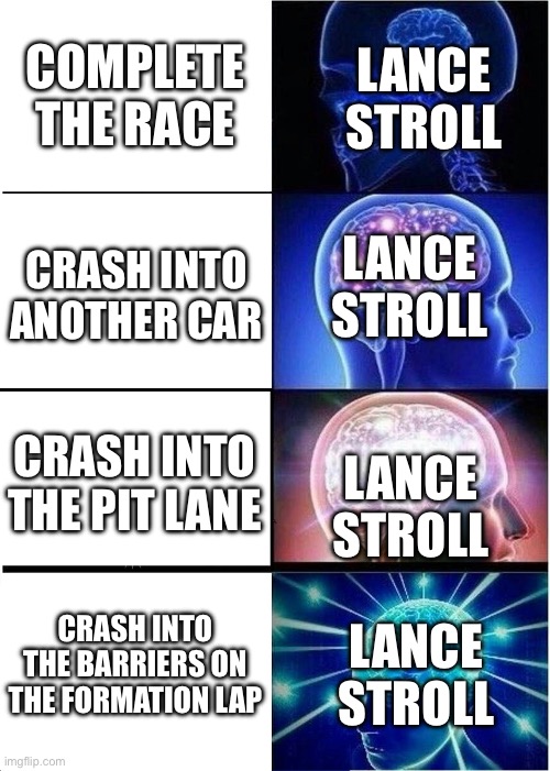 Lance Stroll: | LANCE STROLL; COMPLETE THE RACE; LANCE STROLL; CRASH INTO ANOTHER CAR; CRASH INTO THE PIT LANE; LANCE STROLL; CRASH INTO THE BARRIERS ON THE FORMATION LAP; LANCE STROLL | image tagged in expanding brain,formula 1 | made w/ Imgflip meme maker