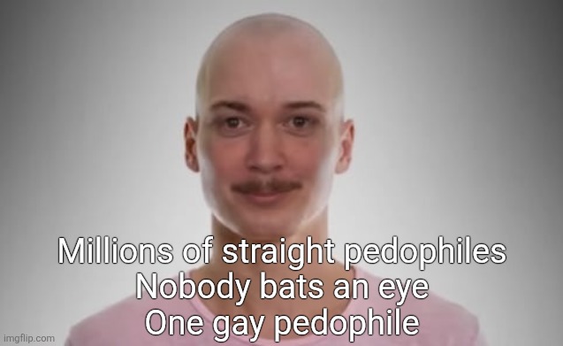 Bald Jimmyhere | Millions of straight pedophiles
Nobody bats an eye
One gay pedophile | image tagged in bald jimmyhere | made w/ Imgflip meme maker