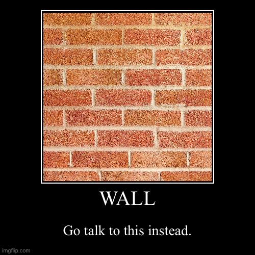 Go talk to the wall instead. | WALL | Go talk to this instead. | image tagged in demotivationals | made w/ Imgflip demotivational maker