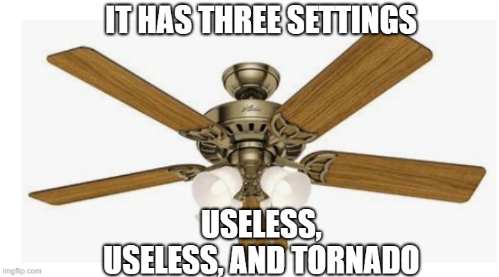 fan in a nutshell | USELESS, USELESS, AND TORNADO; IT HAS THREE SETTINGS | image tagged in fans | made w/ Imgflip meme maker