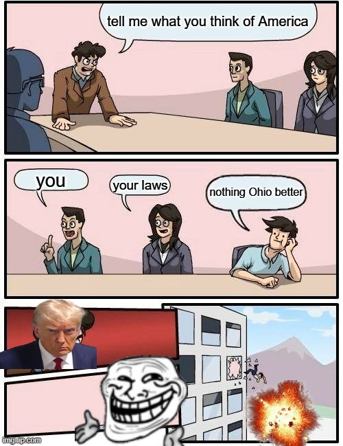 Boardroom Meeting Suggestion | tell me what you think of America; you; your laws; nothing Ohio better | image tagged in memes,boardroom meeting suggestion | made w/ Imgflip meme maker