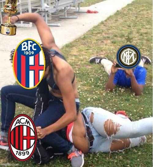 Bologna - Milan 1-0. Bologna have done it, have won a trophy, after 51 years. | image tagged in guy recording a fight,bologna,milan,inter,memes,calcio | made w/ Imgflip meme maker
