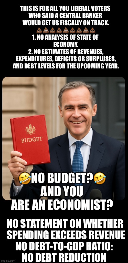 ??CanadaRising?? | THIS IS FOR ALL YOU LIBERAL VOTERS 
WHO SAID A CENTRAL BANKER 
WOULD GET US FISCALLY ON TRACK.
💩💩💩💩💩💩💩💩💩
1. NO ANALYSIS OF STATE OF 
ECONOMY.
2. NO ESTIMATES OF REVENUES,
 EXPENDITURES, DEFICITS OR SURPLUSES, 
AND DEBT LEVELS FOR THE UPCOMING YEAR. 🤣NO BUDGET?🤣
AND YOU ARE AN ECONOMIST? NO STATEMENT ON WHETHER
 SPENDING EXCEEDS REVENUE

NO DEBT-TO-GDP RATIO: 

NO DEBT REDUCTION | image tagged in canadian politics | made w/ Imgflip meme maker