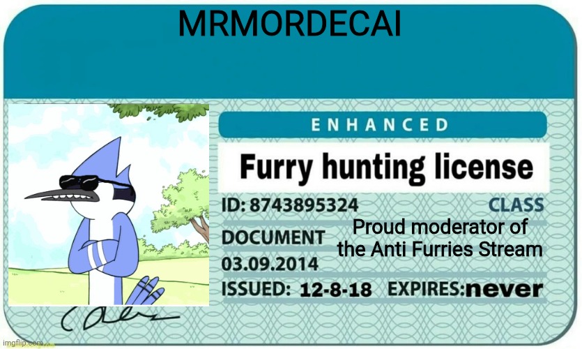 Yes i am a moderator (an inactive one since i was focused more on other stuff than moderating this stream) | MRMORDECAI; Proud moderator of the Anti Furries Stream | image tagged in furry hunting license,anti furry,memes | made w/ Imgflip meme maker