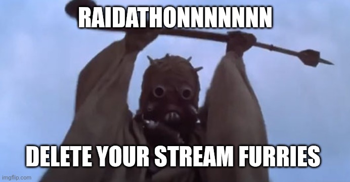 Nvm let's raid other ones | RAIDATHONNNNNNN; DELETE YOUR STREAM FURRIES | image tagged in triggered tusken raider | made w/ Imgflip meme maker