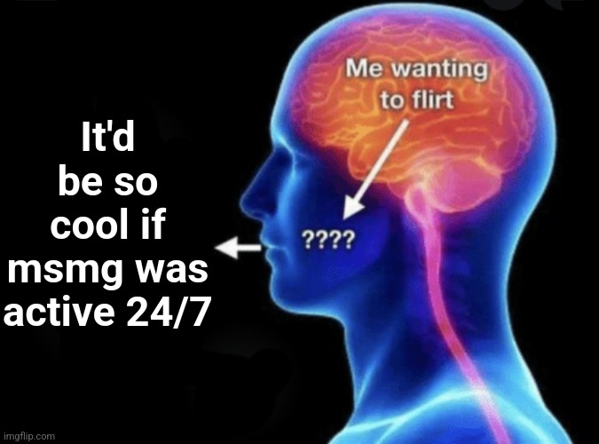 Me wanting to flirt | It'd be so cool if msmg was active 24/7 | image tagged in me wanting to flirt | made w/ Imgflip meme maker