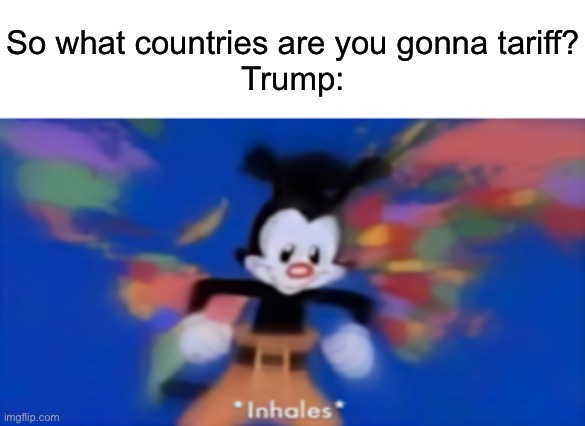 Trump | So what countries are you gonna tariff?
Trump: | image tagged in yakko inhale | made w/ Imgflip meme maker